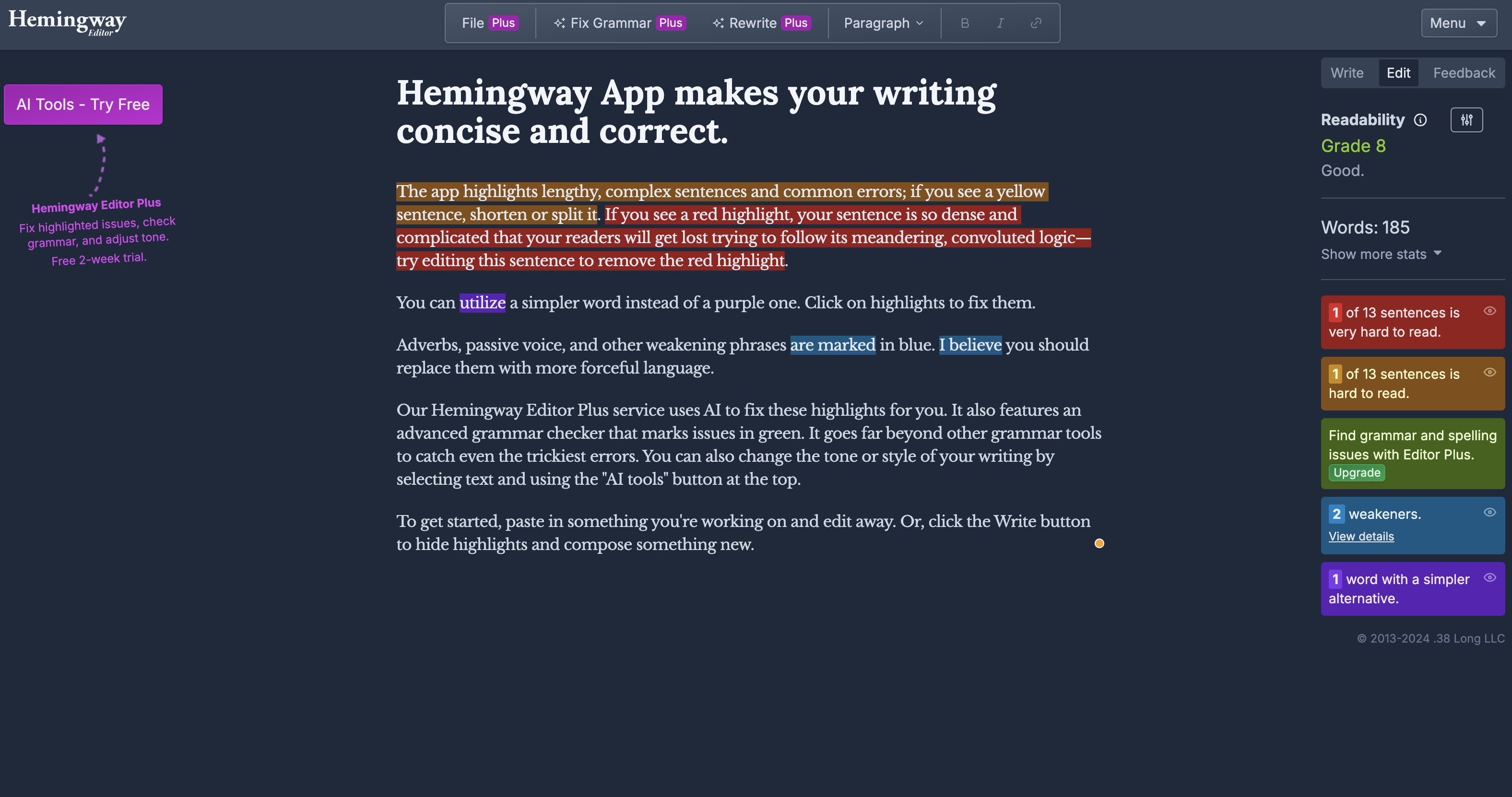 Smodin’s screenshot of the Hemingway homepage. 